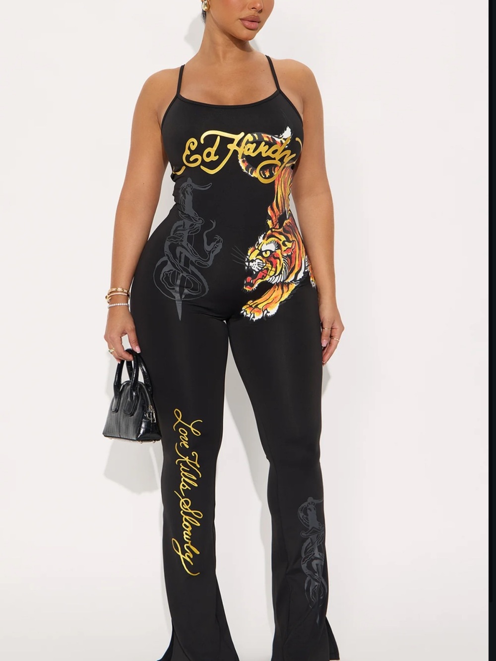 Ed Hardy Black Tiger Graphic Slim Spaghetti-Strap Jumpsuit